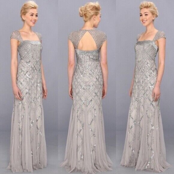 NYE Adrianna Papell Silver Beaded Designer Gown Perfect for Special Event - Picture 9 of 9